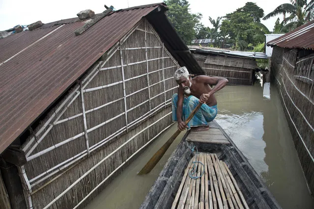 An elderly man rows a boat past flooded houses at Sildubi village, in the northeastern Indian state of Assam, Friday, July 29, 2016. Torrential monsoon rains have caused widespread flooding in Assam state and forced around 1.2 million people to leave their water-logged homes. (Photo by Anupam Nath/AP Photo)