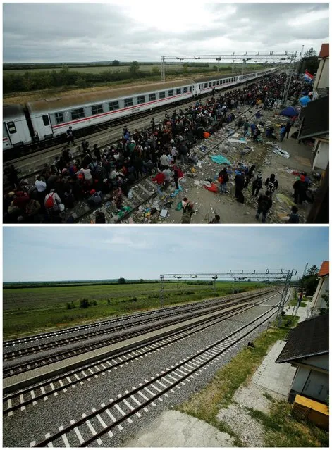 A combination picture shows migrants waiting to board a train at the station in Tovarnik, Croatia, September 20, 2015 (top) and the same location May 27, 2016. (Photo by Antonio Bronic/Reuters)