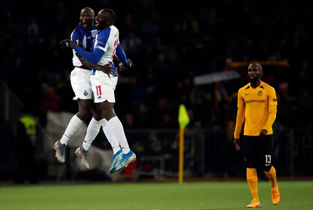 Joy: bronze. Porto striker Vincent Aboubakar embraces his teammate Moussa Marega after scoring during their Europa League game against Young Boys in Bern. (Photo by Stefan Wermuth)