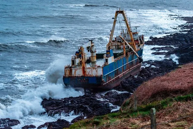 Undated image released Monday February 17, 2020, by Irish Coast Guard showing the abandoned cargo ship MV Alta, that has washed up on the coast of County Cork, near Ballycotton, southern Ireland. The MV Alta is believed to have had 10 crew members aboard who were rescued by the US Coast Guard. Since September 2018, the ship has been drifting with no crew aboard, and it was last seen off the coast of West Africa before being washed up in southern Ireland during Storm Dennis. (Photo by Irish Coast Guard via AP Photo)