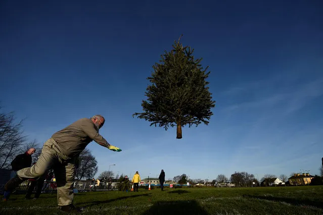 A man participates in a Christmas tree throwing competition, in the County Clare town of Ennis, Ireland January 7, 2018. (Photo by Clodagh Kilcoyne/Reuters)