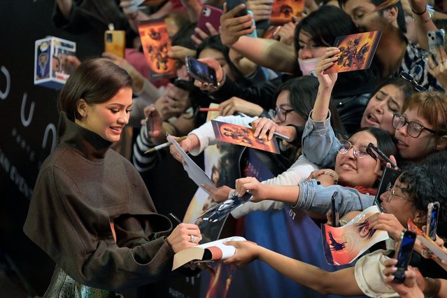 US actress and singer Zendaya Maree Stoermer signs autographs for fans during the red carpet of the film “Dune: Part Two” in Mexico City on February 6, 2024. (Photo by Alfredo Estrella/AFP Photo)