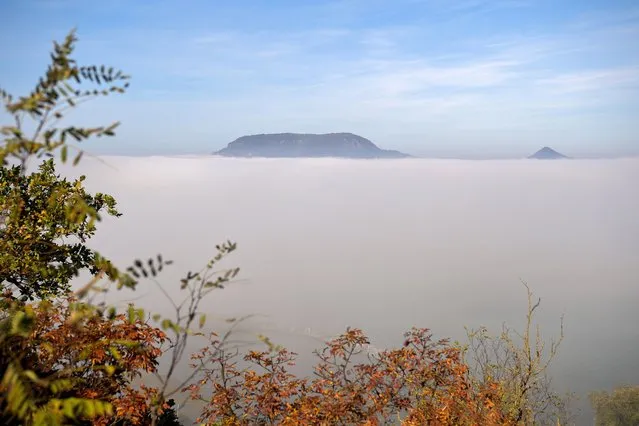 The mountain of Badacsony emerges behind a sea of fog hovering above Lake Balaton as seen from Fonyod, 148 kms southwest of Budapest, Hungary, 27 October 2022. (Photo by Zsolt Czegledi/EPA/EFE)