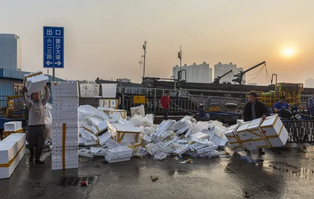 People loads boxes with seafood on Huangsha Seafood Market in Guangzhou, Guandong Province, China, 18 January 2018. (Photo by Aleksandar Plavevski/EPA/EFE)