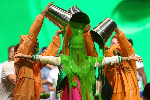 Delta Goodrem is covered in slime during the Nickelodeon Slimefest 2016 evening show at Margaret Court Arena on September 25, 2016 in Melbourne, Australia. (Photo by Graham Denholm/Getty Images for Nickelodeon Australia)