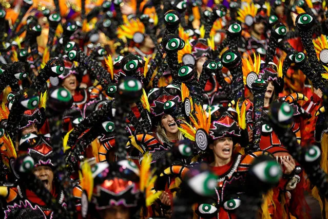 Members of the samba school Grupo Especial Rosas de Ouro take part in the carnival celebration at the Anhembi sambodrome in Sao Paulo, Brazil, February 10, 2018. (Photo by Sebastiao Moreira/EPA/EFE/Rex Features/Shutterstock)