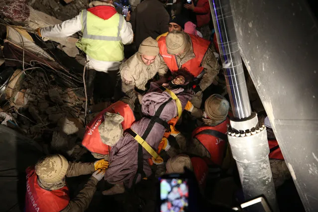 10-year-old Zeynep Ugurlu rescued by search and rescue teams from under rubble of a collapsed building after 159 hours in Antakya district of Hatay, following 7.7 and 7.6 magnitude earthquakes hit Turkiye's Kahramanmaras, on February 12, 2023. Early Monday morning, a strong 7.7 earthquake, centered in the Pazarcik district, jolted Kahramanmaras and strongly shook several provinces, including Gaziantep, Sanliurfa, Diyarbakir, Adana, Adiyaman, Malatya, Osmaniye, Hatay, and Kilis. Later, at 13.24 p.m. (1024GMT), a 7.6 magnitude quake centered in Kahramanmaras' Elbistan district struck the region. Turkiye declared 7 days of national mourning on Feb. 06 after deadly earthquakes in southern provinces. (Photo by Eren Bozkurt/Anadolu Agency via Getty Images)