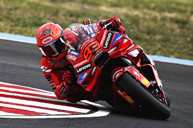 Ducati Lenovo rider Marc Marquez of Spain in action during the Sprint race of the Motorcyling Grand Prix of Hungary at the Balaton Park Circuit in Balatonfokajar, Hungary, 23 August 2025. (Photo by Boglarka Bodnar/EPA)