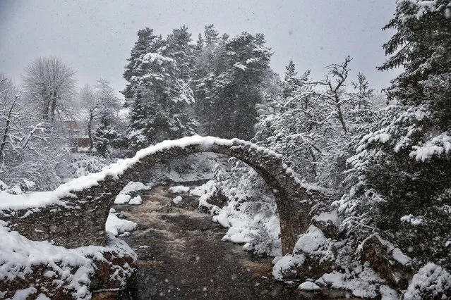 A view of Old Pack Horse Bridge on January 18, 2023 in Carrbridge, United Kingdom. There are five yellow warnings for snow and ice in place for all the UK nations and the Met Office has also issued a rare amber warning for the north of Scotland overnight into Wednesday. (Photo by Jeff J Mitchell/Getty Images)