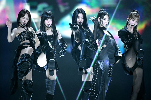 South Korean band Le Sserafim perform during the MTV Europe Music Awards (EMA) at the Co-op live stadium in Manchester, north west England, on November 10, 2024. The ceremony's 30th edition, which brings together the biggest names in world music, takes place at Manchester's new Co-op Live venue, with ten of the eleven artists nominated the most, being women. (Photo by Oli Scarff/AFP Photo)