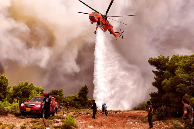 A firefighting helicopter drops water to extinguish flames during a wildfire at the village of Kineta, near Athens, on July 24, 2018. Raging wildfires killed 74 people including small children in Greece, devouring homes and forests as terrified residents fled to the sea to escape the flames, authorities said Tuesday. (Photo by Valerie Gache/AFP Photo)