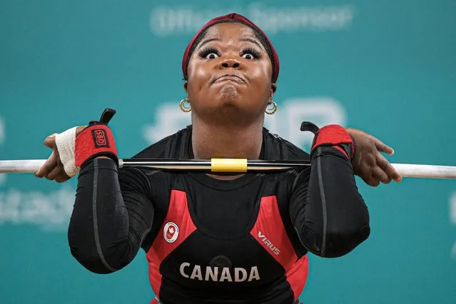 Canada's Maya Laylor competes in the women's 81kg weightlifting clean and jerk event of the Pan American Games Santiago 2023, at the Chimkowe Gymnasium in Santiago on October 23, 2023. (Photo by Ernesto Benavides/AFP Photo)