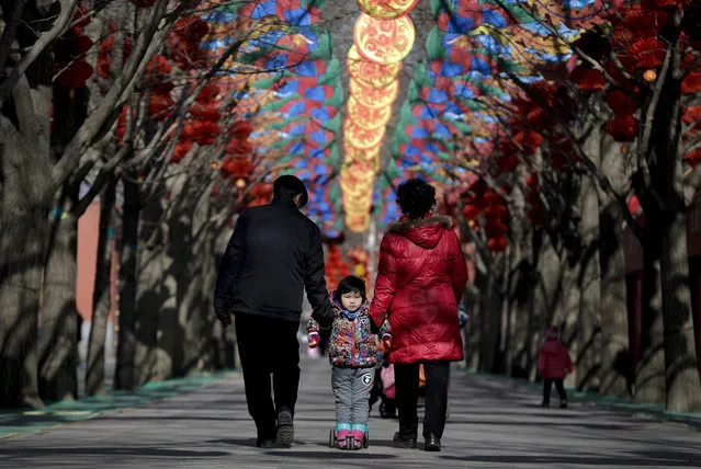 A Chinese elderly couple holds a child standing on a scooter as they walk under colorful decorations for a temple fair ahead of the Chinese Lunar New Year at Ditan Park in Beijing, Tuesday, February 2, 2016. (Photo by Andy Wong/AP Photo)