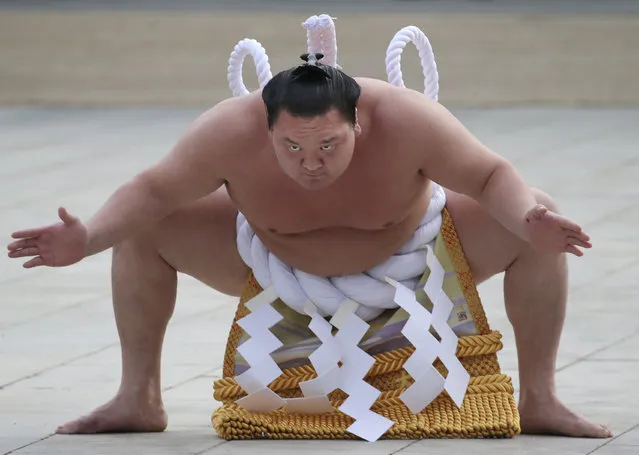 Sumo grand champion Hakuho of Mongolia performs his ring entry forms at the Meiji Shrine in Tokyo, Friday, January 6, 2017. The Shinto ritual is part of the annual New Year's celebrations at the shrine. (Photo by Koji Sasahara/AP Photo)
