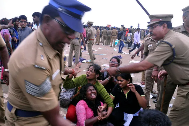Police remove demonstrators from Marina beach during a protest demanding a permanent solution to ensure the unhindered conduct of Jallikattu, a traditional bull-taming contest, in Chennai, India, January 23, 2017. (Photo by Reuters/Stringer)