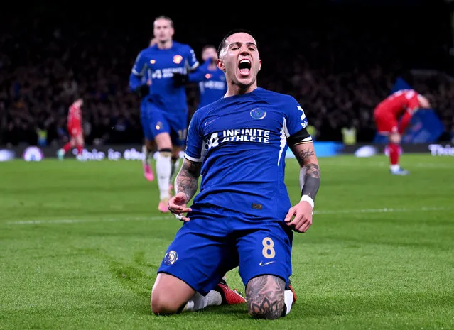 Enzo Fernandez of Chelsea celebrates scoring his team's second goal during the Carabao Cup Semi Final Second Leg match between Chelsea and Middlesbrough at Stamford Bridge on January 23, 2024 in London, England. (Photo by Darren Walsh/Chelsea FC via Getty Images)