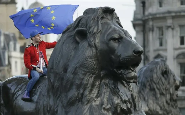 A demonstrator sits on one of the lions in Trafalgar Square during a Peoples Vote anti-Brexit march in London, Saturday, March 23, 2019. The march, organized by the People's Vote campaign is calling for a final vote on any proposed Brexit deal. This week the EU has granted Britain's Prime Minister Theresa May a delay to the Brexit process. (Photo by Tim Ireland/AP Photo)