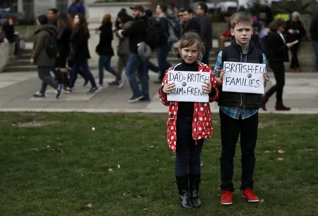 Young demonstrators hold signs during a pro-Europe protest outside the Houses of Parliament in London, Britain, February 20, 2017. (Photo by Stefan Wermuth/Reuters)