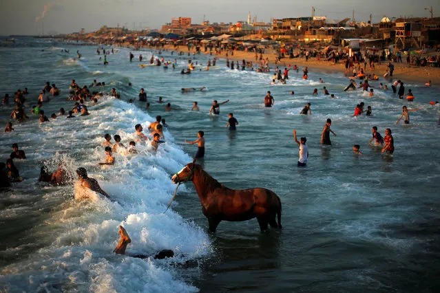 A Palestinian man washes his horse in the waters of the Mediterranean Sea as people swim on a hot day in the northern Gaza Strip on June 18, 2019. (Photo by Mohammed Salem/Reuters)