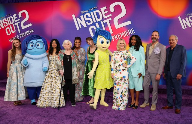 Liza Lapira, June Squibb, Yvette Nicole Brown, Maya Hawke ,Kensington Tallman, Amy Poehler, Ayo Edebiri, Tony Hale and Lewis Black attend the world premiere of the film “Inside Out 2” in Los Angeles, California on June 11, 2024. (Photo by Mario Anzuoni/Reuters)