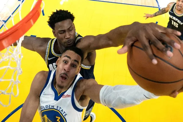 Memphis Grizzlies forward Jaren Jackson Jr. (13) blocks the shot attempt by Golden State Warriors guard Jordan Poole (3) during the first half of game four of the second round for the 2022 NBA playoffs at Chase Center in San Francisco, California on May 9, 2022. (Photo by Kyle Terada/USA TODAY Sports)