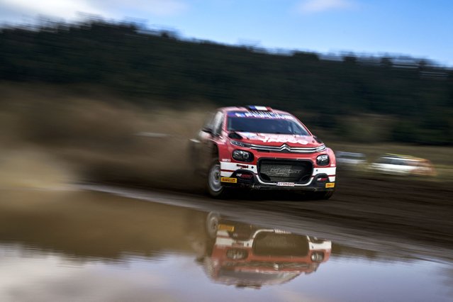 France's Yohan Rossel with his co-driver Florian Barral drive their Citroen C3 RC2 Rally2 at the special stage Eleftherochori during the Acropolis Rally in Eleftherochori on September 08, 2024. (Photo by Aris Messinis/AFP Photo)