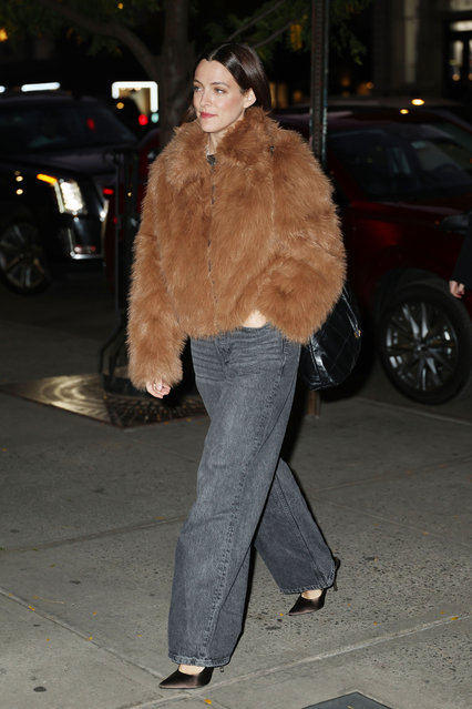 Riley Keough is spotted stopping by an event in Soho New York City on October 9, 2024. The 35 year old American actress wore a rust colored fur jacket paired with oversized grey denim jeans and heels. (Photo by The Image Direct)