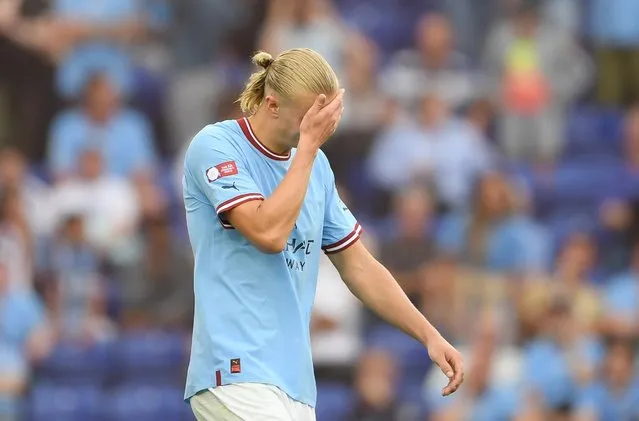 Erling Haaland of Manchester City looks dejected during the FA Community Shield between Manchester City and Liverpool at The King Power Stadium on July 30, 2022 in Leicester, England. (Photo by Harriet Lander/Copa/Getty Images)