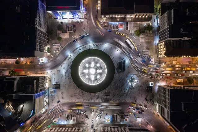 Aerial photo taken on May 14, 2020 shows the newly remodeled Omonia Square, a historic landmark in Athens, Greece. The new face of Omonia Square, featuring a big illuminated fountain, was unveiled on Thursday by Athens Mayor Kostas Bakoyannis. (Photo by Xinhua News Agency/Rex Features/Shutterstock)