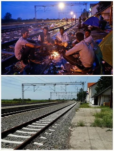 A combination picture shows migrants sitting on railway tracks at a train station in Tovarnik, Croatia, September 20, 2015 (top) and the same location May 27, 2016. (Photo by Antonio Bronic/Reuters)