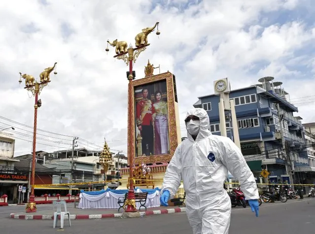A Thai forensic police officer wearing a protective suit arrives to inspect a blast scene next to a portrait of Thai King Bhumibol Adulyadej and Queen Sirikit after bombs exploded at the clock tower in the center of Hua Hin city, Thailand, 12 August 2016. A series of bomb attacks in the resort city of Hua Hin killed at least two people and injured more than 20 people including foreign tourists. (Photo by Rungroj Yongrit/EPA)
