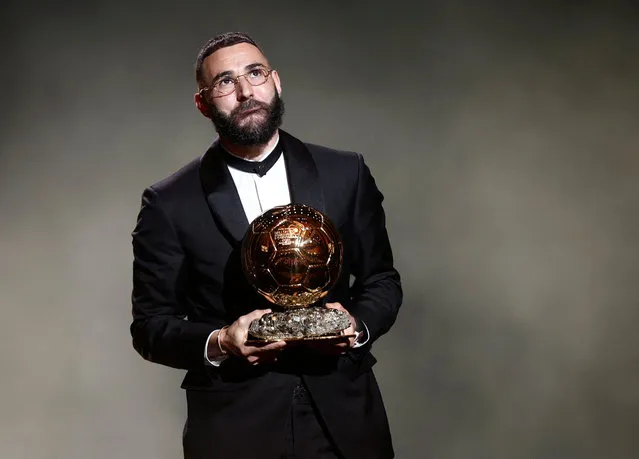 Real Madrid's French forward Karim Benzema reacts after winning the Ballon d'Or award during the 2022 Ballon d'Or France Football award ceremony at the Theatre du Chatelet in Paris, France on October 17, 2022. (Photo by Benoit Tessier/Reuters)