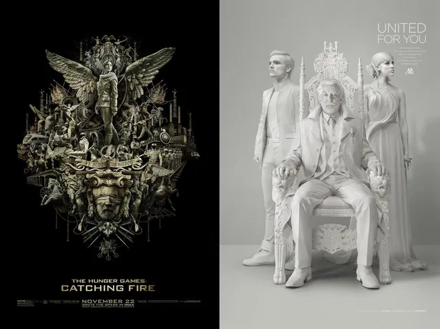 A poster for the IMAX presentation of “The Hunger Games: Catching Fire” (left), and a teaser poster for “The Hunger Games: Mockingjay, Part I”, both created by the Los Angeles-based design firm IGNITION. (Photo by Key Art Awards 2014)