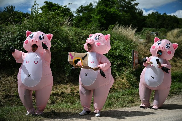 Spectators wearing inflatable pig costumes looks on from the roadside during the 6th stage of the 111th edition of the Tour de France cycling race, 163,5 km between Macon and Dijon, on July 4, 2024. (Photo by Marco Bertorello/AFP Photo)