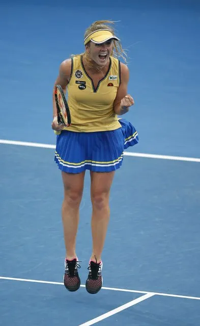 Elina Svitolina of Ukraine celebrates her women's quarter final win over Angelique Kerber of Germany at the Brisbane International tennis tournament January 8, 2015. (Photo by Jason Reed/Reuters)