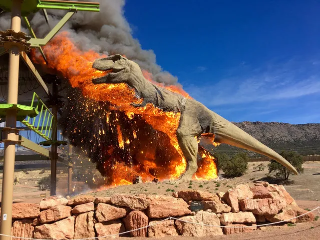 Smoke rises from a replica of a T-Rex after it burst into flames at the Royal Gorge Dinosaur Experience in Canon City, Colorado, U.S. in this picture obtained from social media March 22, 2018. (Photo by Reuters/Royal Gorge Dinosaur Experience)