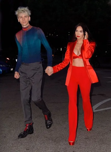 American actress and model Megan Fox nearly busts out of red silk bra as she celebrates 35th birthday with boyfriend Machine Gun Kelly in Santa Monica, California on May 15, 2021. (Photo by Splash News and Pictures)