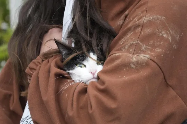 A woman hugs her rescued cat in Campi di Bisenzio, in the central Italian Tuscany region, Friday, November 3, 2023. Record-breaking rain provoked floods in a vast swath of Tuscany as storm Ciaran pushed into Italy overnight Friday, trapping people in their homes, inundating hospitals and overturning cars. At least three people were killed, and four were missing. (Photo by Gregorio Borgia/AP Photo)
