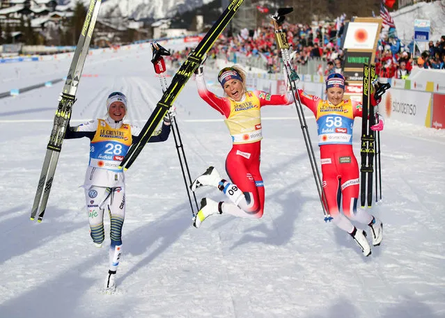 Frida Karlsson takes 2nd place, Therese Johaug of Norway takes 1st place, Ingvild Flugstad Oestberg of Norway takes 3rd place during the FIS Nordic World Ski Championships Women's Cross Country Classic on February 26, 2019 in Seefeld, Austria. (Photo by Lisi Niesner/Reuters)