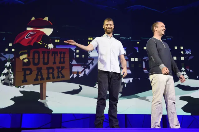 "South Park" creators Matt Stone, left, and Trey Parker discuss the "South Park: The Fractured But Whole" video game onstage at Ubisoft's E3 2015 Conference at the Orpheum Theatre on Monday, June 15, 2015, in Los Angeles. (Photo by Chris Pizzello/Invision/AP)