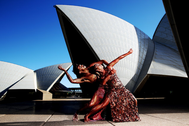 Dancers Kassidy Waters and Daniel Mateo pose after performing a section of Bangarra Dance Theatre's new production “Yuldea” at Sydney Opera House on June 14, 2023 in Sydney, Australia. (Photo by Don Arnold/WireImage)