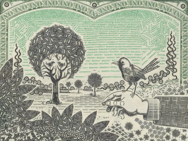 Bird in Hand, cut one-dollar bills. (Photo by Mark Wagner)