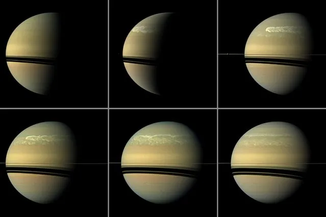 This series of images from NASA's Cassini spacecraft shows the development of the largest storm seen on the planet Saturn since 1990