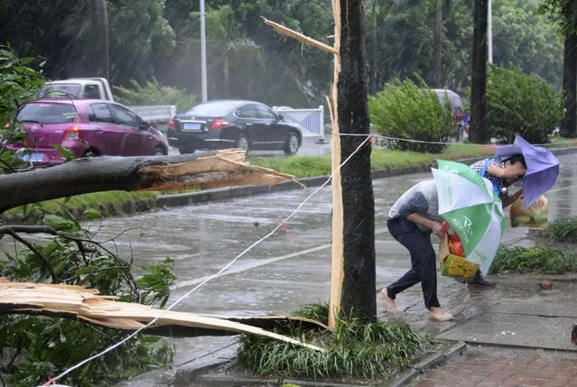 People bend low while trying to walk past fallen tree branches against strong winds and heavy rainfall as Typhoon Rammasun hit Nanning, Guangxi Zhuang Autonomous Region July 19, 2014. The super typhoon has killed eight people in China since making landfall on Friday afternoon, state media said on Saturday, after hitting parts of the Philippines and leaving 77 dead. (Photo by Reuters/Stringer)