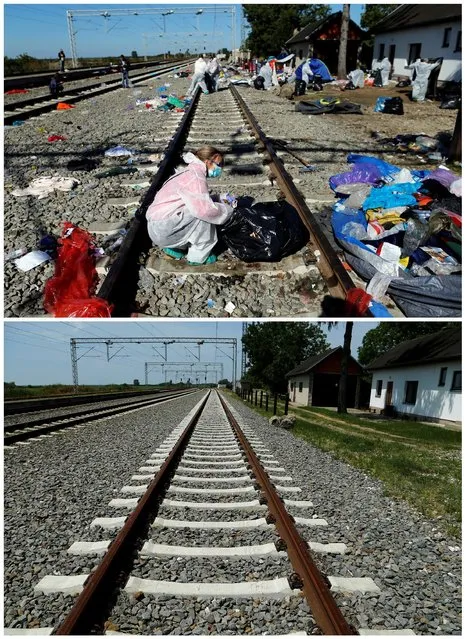 A combination picture shows a volunteer cleaning up a train station in Tovarnik, Croatia September 21, 2015 (top) and the same location May 27, 2016. (Photo by Antonio Bronic/Reuters)