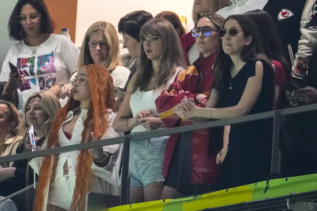 Ice Spice, from left, Taylor Swift, Este Haim and Alana Haim watch during the first half of the NFL Super Bowl 59 football game between the Kansas City Chiefs and the Philadelphia Eagles, Sunday, February 9, 2025, in New Orleans. (Photo by Gerald Herbert/AP Photo)