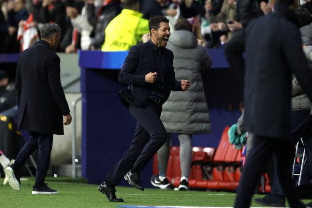 Atletico Madrid's Argentine coach Diego Simeone celebrates at the end of the UEFA Champions League, league phase football match between Club Atletico de Madrid and Bayer Leverkusen at the Metropolitano stadium in Madrid on January 21, 2025. (Photo by Oscar del Pozo/AFP Photo)