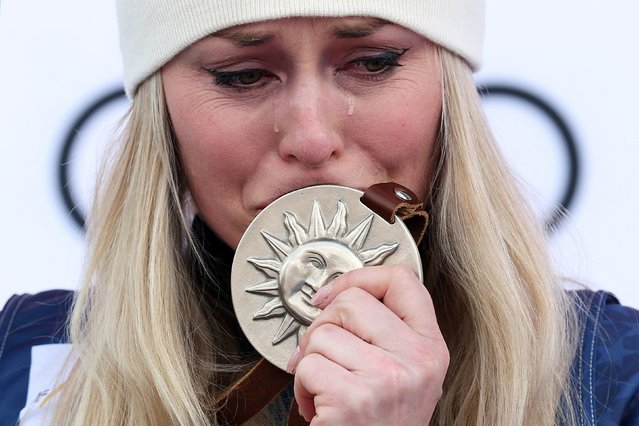 American skiing legend Lindsey Vonn celebrates her second-place finish in a World Cup super-G race in Sun Valley, Idaho, on Sunday, March 23, 2025 The podium spot concluded Vonn’s comeback season at the age of 40. She came out of retirement this season after a partial knee replacement. (Photo by Sean M. Haffey/Getty Images)