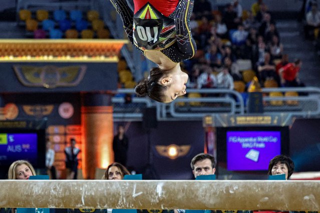 Belgium's gold medallist Nina Derwael competes in the women's balance beam event final of the 2024 FIG Artistic Gymnastics World Cup in Cairo, on February 18, 2024. (Photo by Khaled Desouki/AFP Photo)