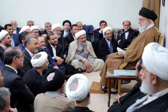 Iran's Supreme Leader Ayatollah Ali Khamenei speaks during a meeting with government officials in Tehran, Iran, April 15, 2025. (Photo by Office of the Iranian Supreme Leader/WANA (West Asia News Agency)/Handout via Reuters)